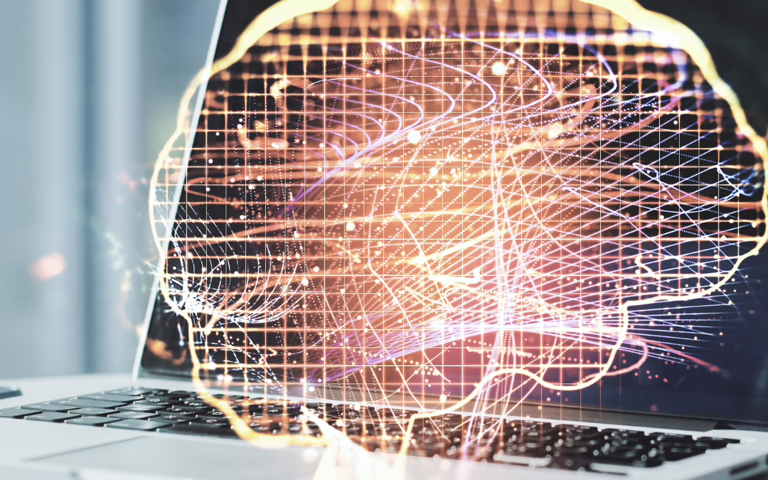 A brain overlay shows over a laptop, symbolizing machine learning in pharmacovigilance