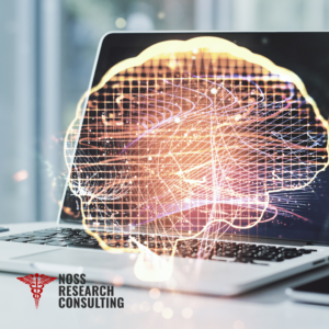 A brain overlay shows over a laptop, symbolizing machine learning in pharmacovigilance 