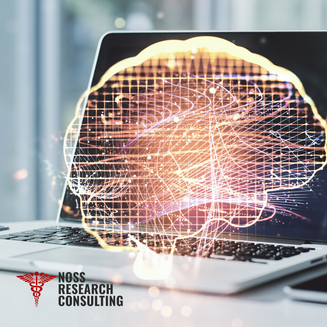 A brain overlay shows over a laptop, symbolizing machine learning in pharmacovigilance